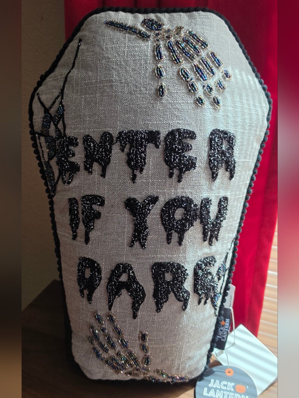 Beaded Coffin Pillow, Black & Grey  'Enter If You Dare' Halloween Pillow Decor